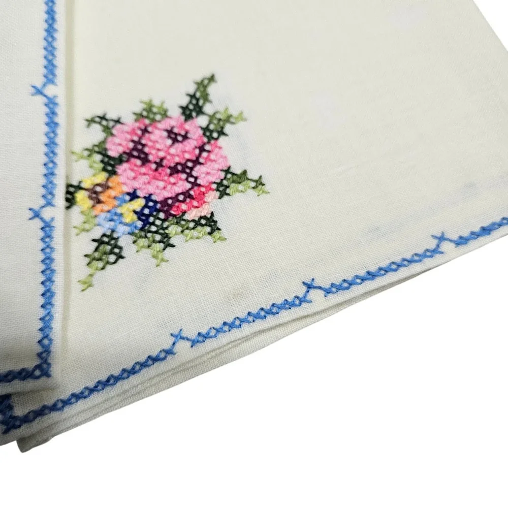 Vintage Set of 6 Embroidered Cocktail Napkins Floral Pink‎ Blue Cross Stitch